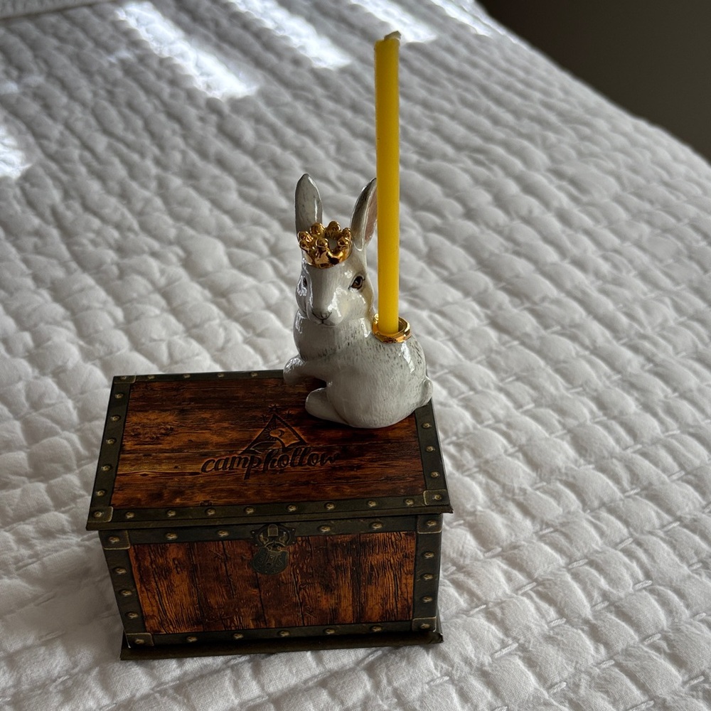 Charming White Rabbit Candle Holder with Brown Chest